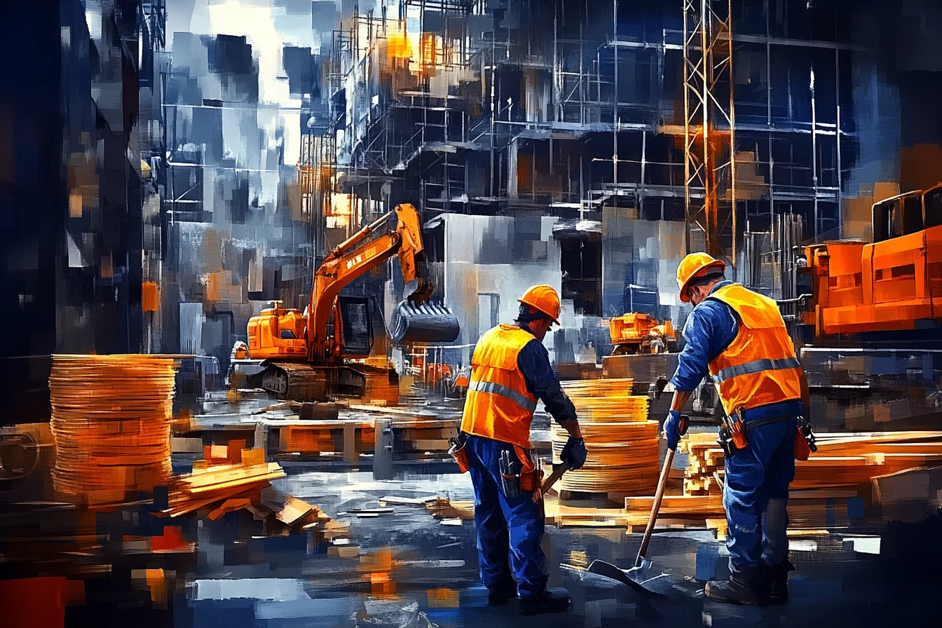 Ilustracja placu budowy: robotnicy w kamizelkach odblaskowych, koparka i stosy drewna na tle rusztowań